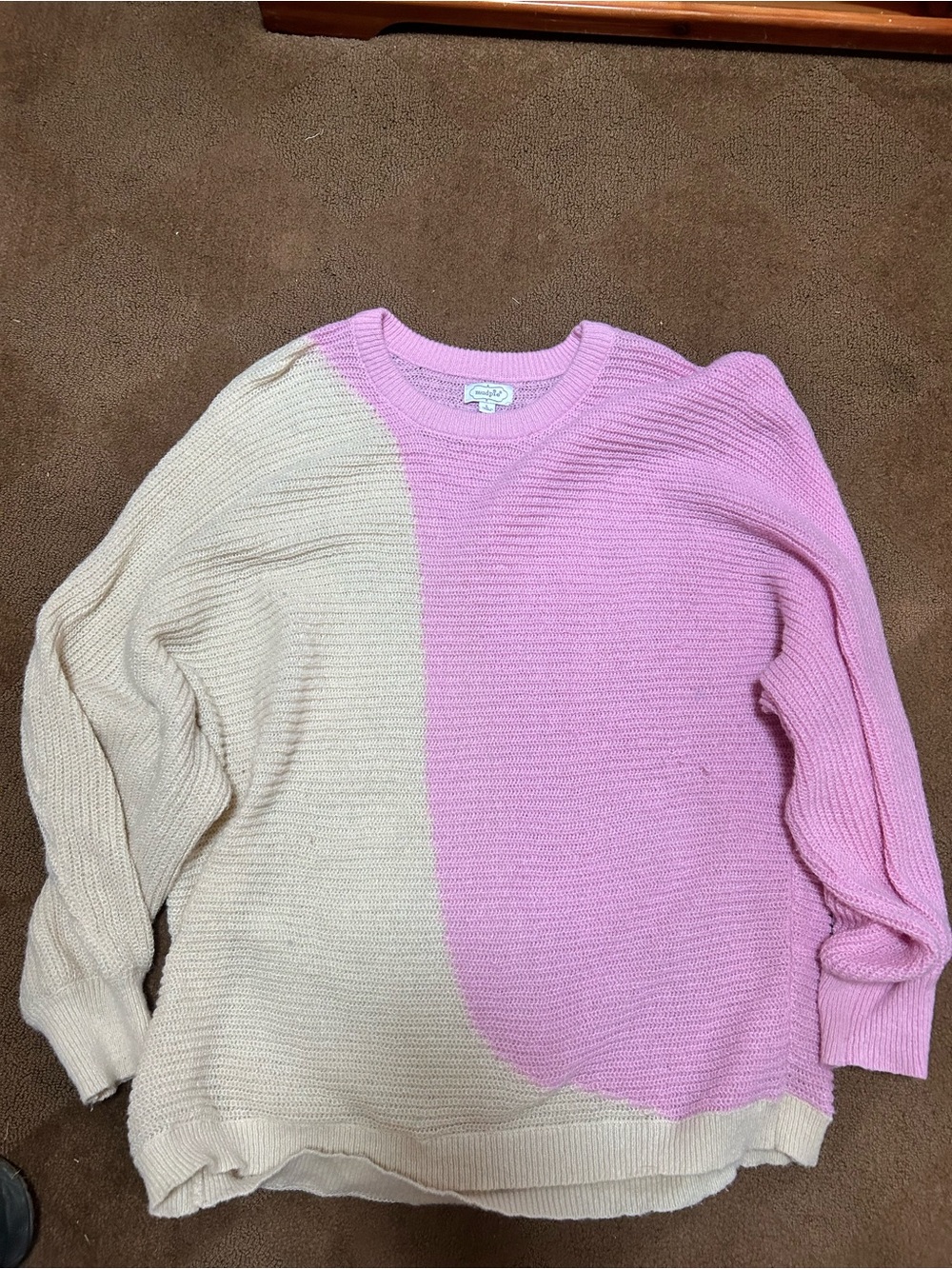 Mud Pie Two-Tone Pink and Cream Crewneck Sweater